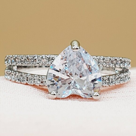 Sweet Pure CZ Double Layer Diamonds Lovely Heart Rings for Women, P1123 - Picture 5 of 12